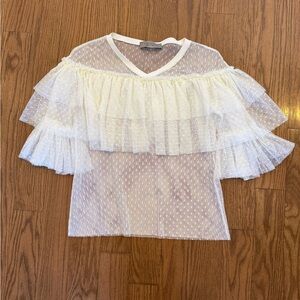 D-Exterior Designer Elegant White Ruffle Sheer Top size small